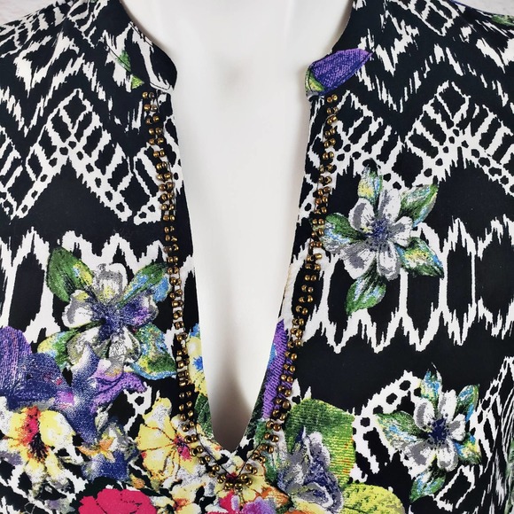 Nicole by Nicole Miller Miller Floral V-Neck Tunic/Top w/Roll Tab Sleeves~Medium - Picture 2 of 8